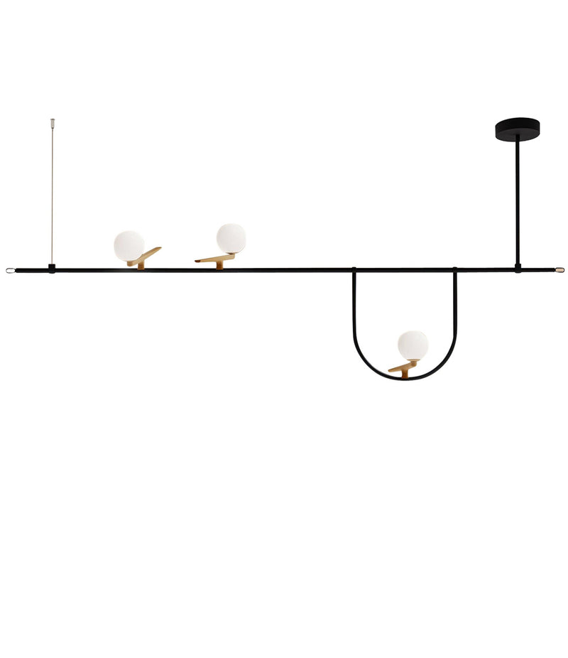 Artemide Yanzi SC1 suspension lamp. Three bird-shaped lights occupy a horizontal rod with U-shaped segment.
