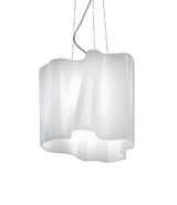Artemide Logico suspension lamp in milky white finish. Blown glass diffuser shaped into folded pattern.