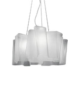 Artemide Logico triple suspension lamp in nested configuration. Blown glass diffuser shaped into folded pattern. 