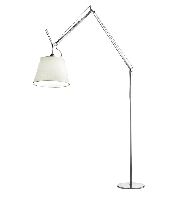 Artemide Tolomeo Mega floor lamp, with double jointed adjsutable arm and large parchment lampshade.