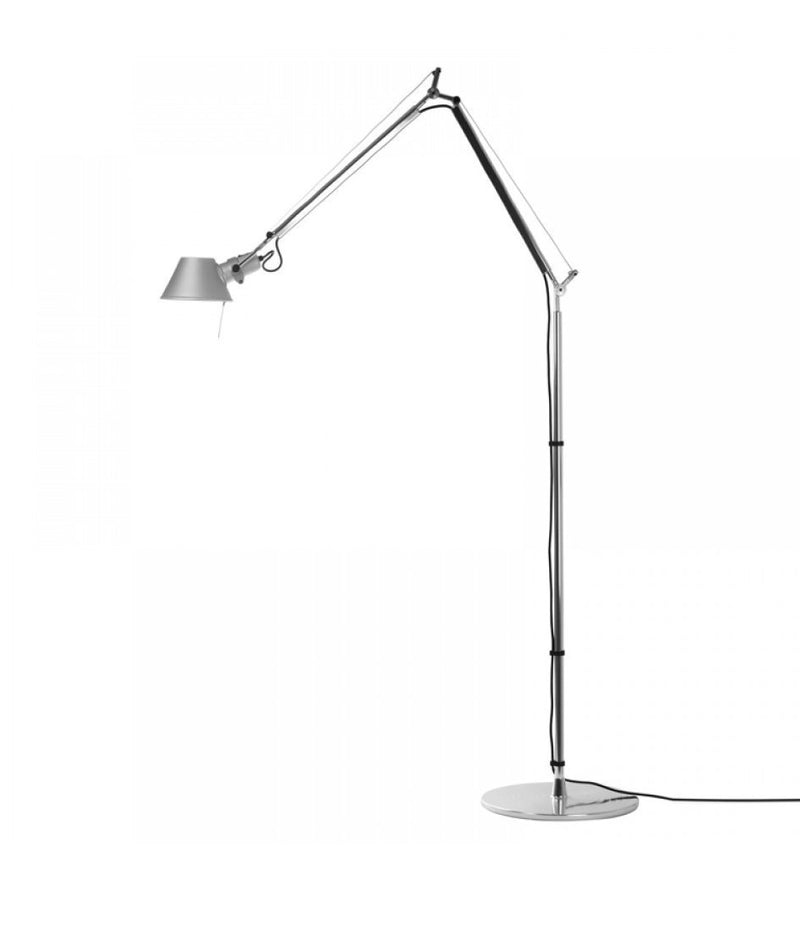 Artemide Tolomeo Micro floor lamp, with double-jointed adjustable arm and conical lampshade.