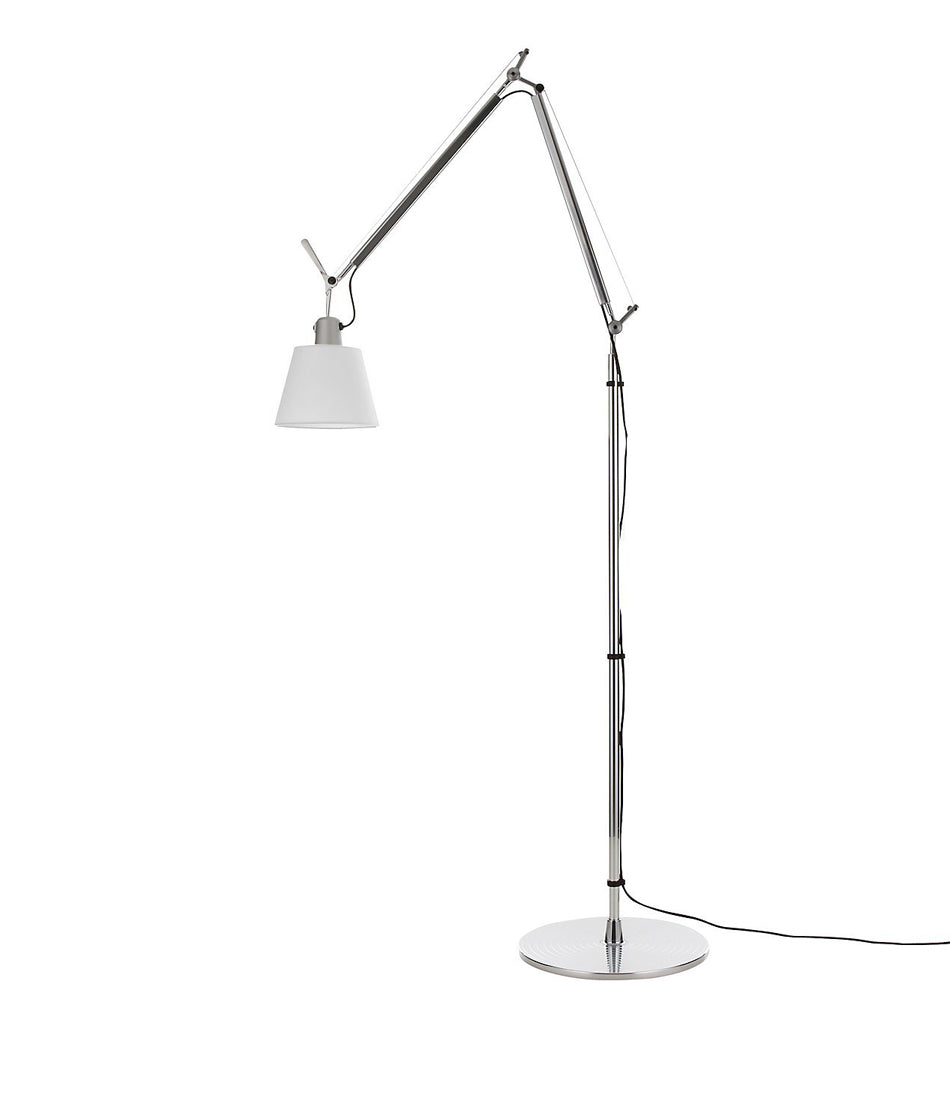 Artemide Tolomeo Shade floor lamp, with double-jointed stem and fabric lampshade.