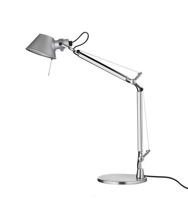 Artemide Tolomeo table lamp, with double-jointed aluminum stem and small conical lamp head.
