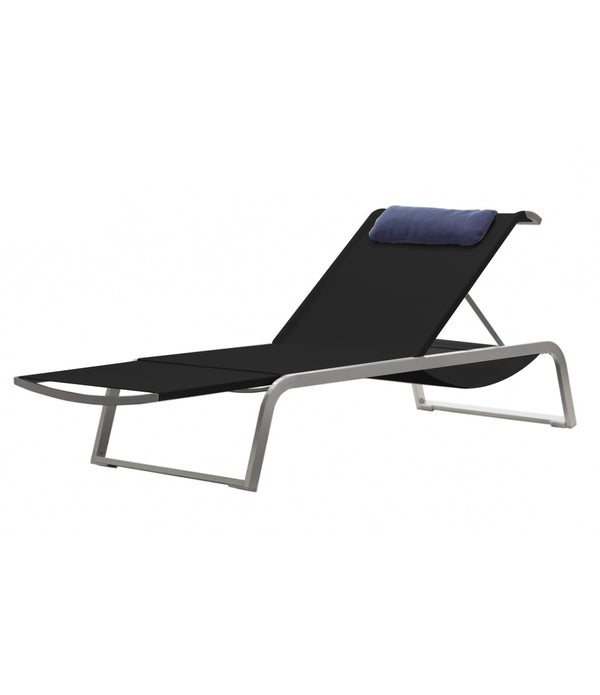 Coro L3 Sun Lounger with extendable footrest, stainless steel frame and black fabric.