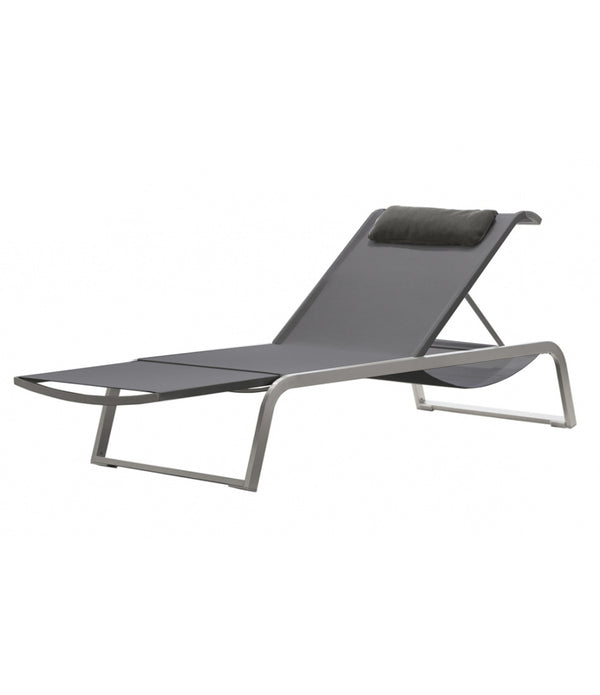 Adjustable sun lounger with extendable foot rest, stainless steel frame and charcoal grey fabric.