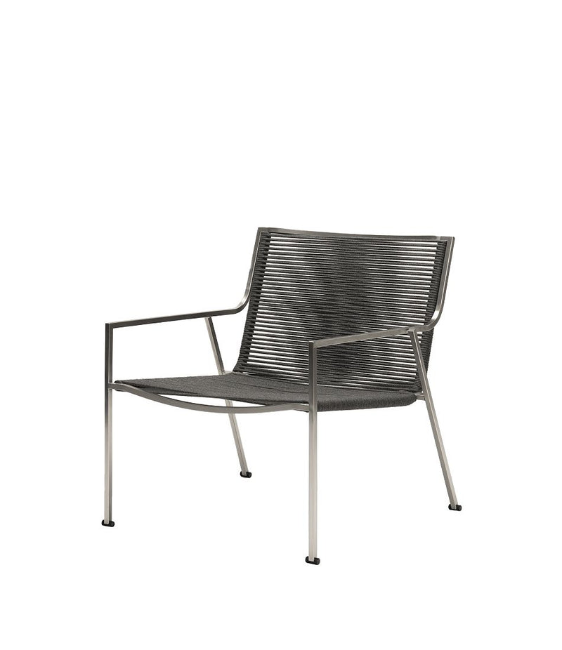 Outdoor lounge chair with stainless steel frame and nylon cord seat and back.