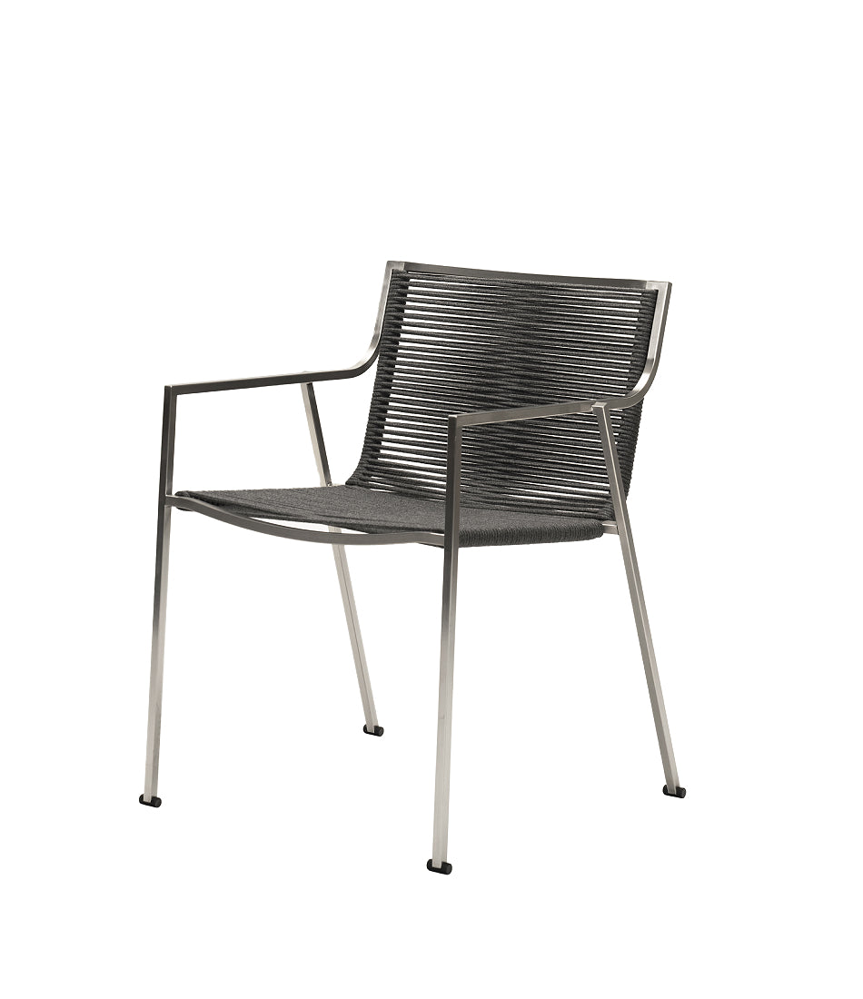 Coro SB01 dining chair with stainless frame and nylon cord seat and back.