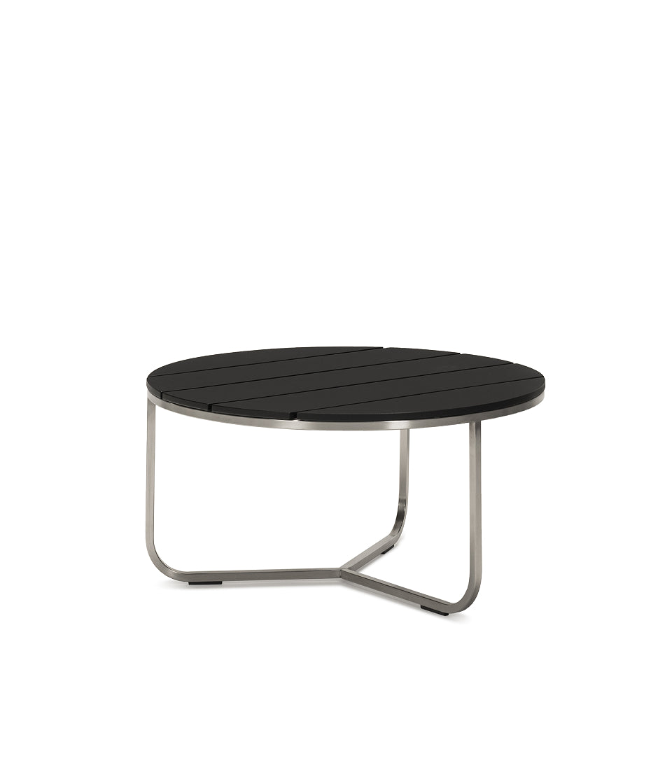 Circular coffee table with stainless steel frame and black slat top.