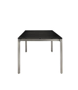 Rectangular dining table with satin stainless steel frame and black polyurethane slat top.