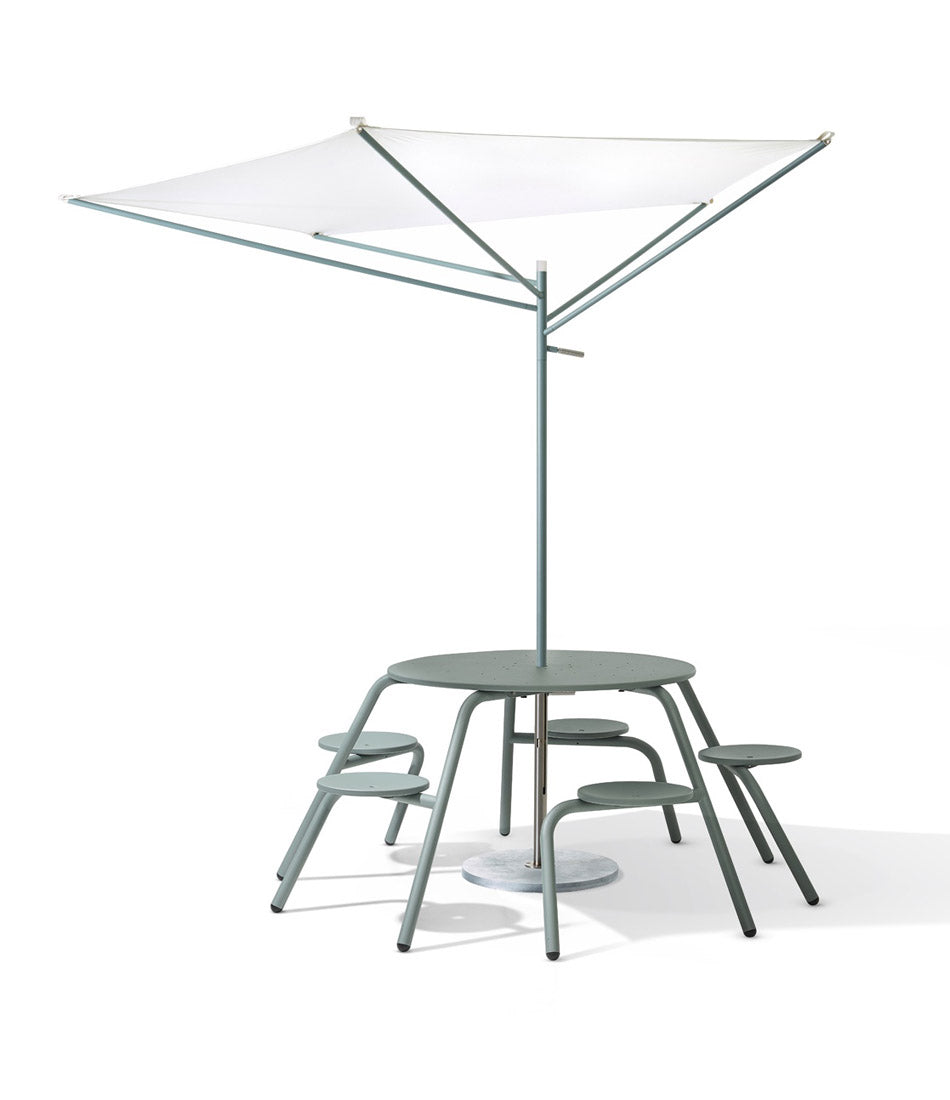 Extremis Acacia Parasol. Round picnic table, with five attached seats and a pentagonal umbrella.