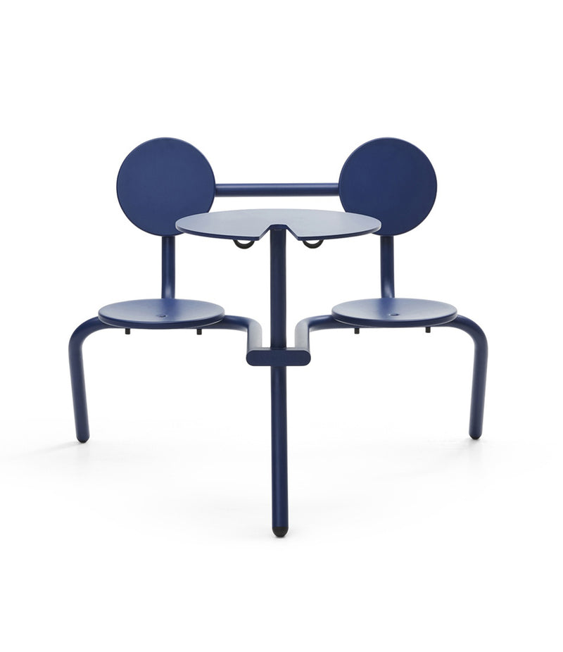 Extremis Bistroo Picnic Table, with two attached side-by-side seats and a small round tabletop, in Cobalt Blue finish.