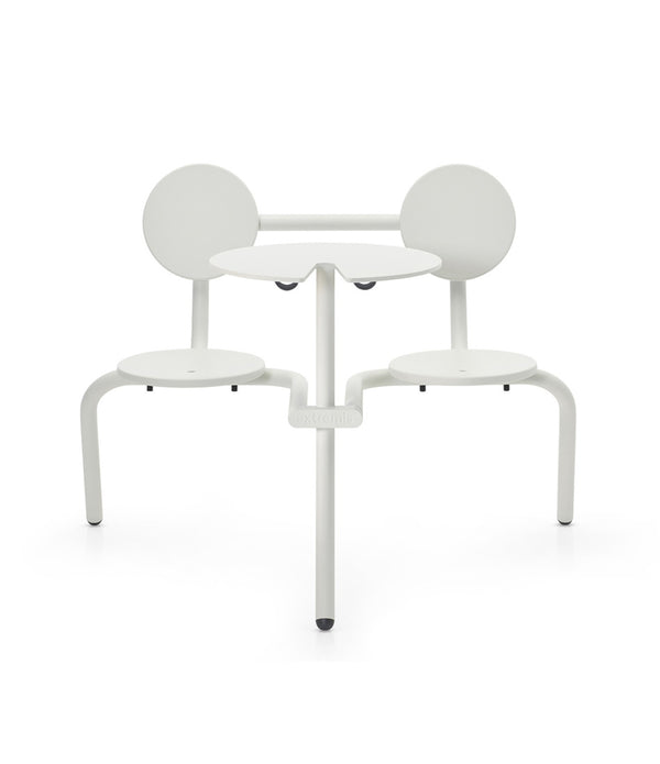 Extremis Bistroo Picnic Table, with two attached side-by-side seats and a small round tabletop, in Papyrus White.