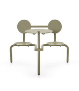 Extremis Bistroo Picnic Table, with two attached side-by-side seats and a small round tabletop, in Reed Green finish.