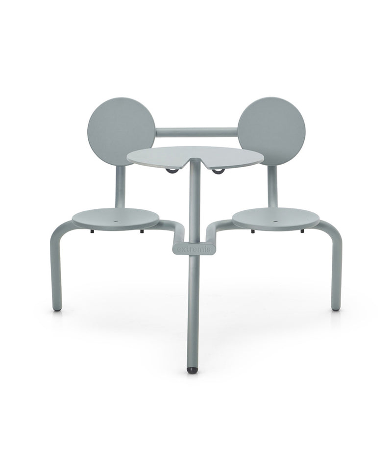 Extremis Bistroo Picnic Table, with two attached side-by-side seats and a small round tabletop, in Verdigris finish.