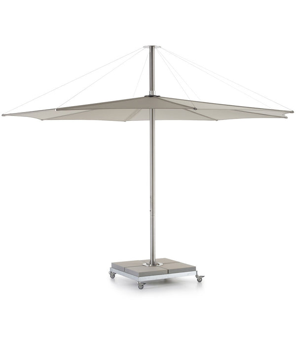 Taupe Extremis Inumbra umbrella, with weighted square base on wheels.