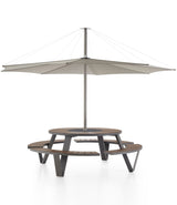 Taupe Extremis Inumbra umbrella, mounted to a Pantagrue Picnic Table.