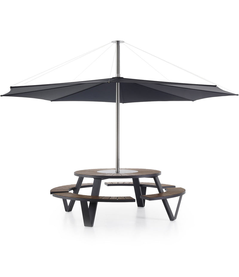 Black Extremis Inumbra umbrella, mounted to a Pantagrue Picnic Table.