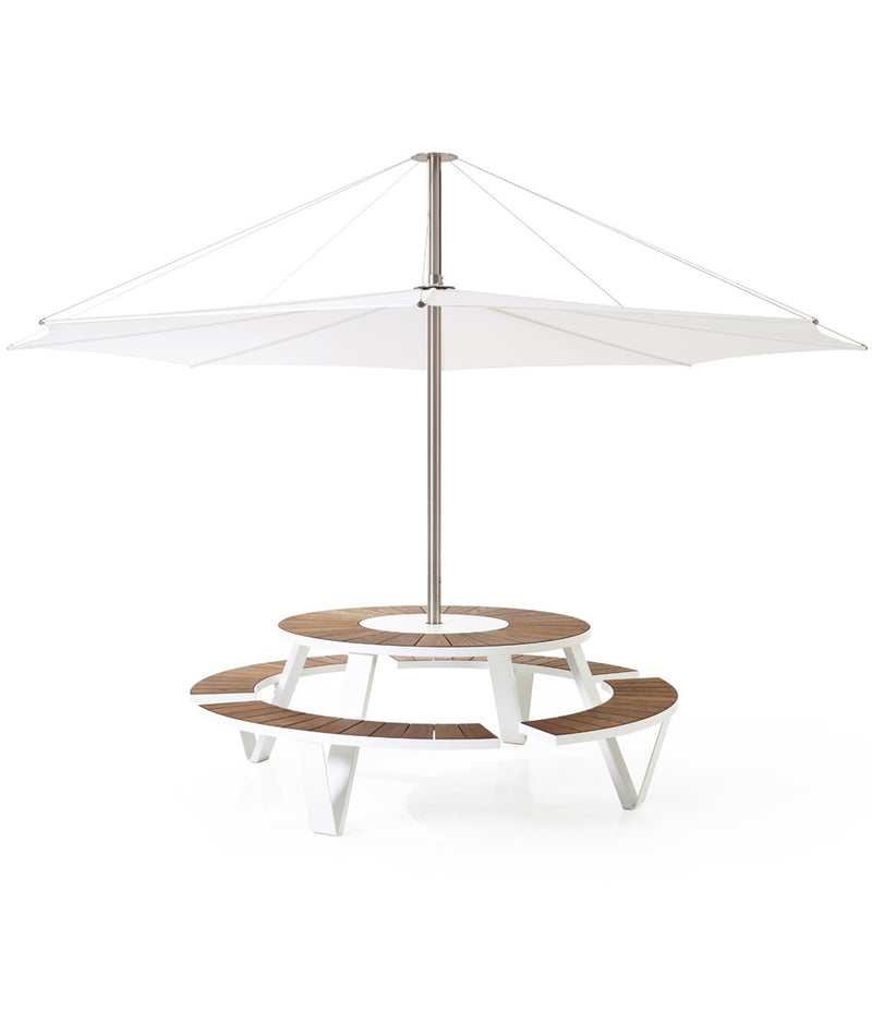 White Extremis Inumbra umbrella, mounted to a Pantagrue Picnic Table.
