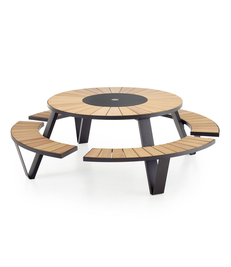 Black Extremis Pantagruel picnic table, with light Iroko Hardwood slats on circular bench and circular tabletop.
