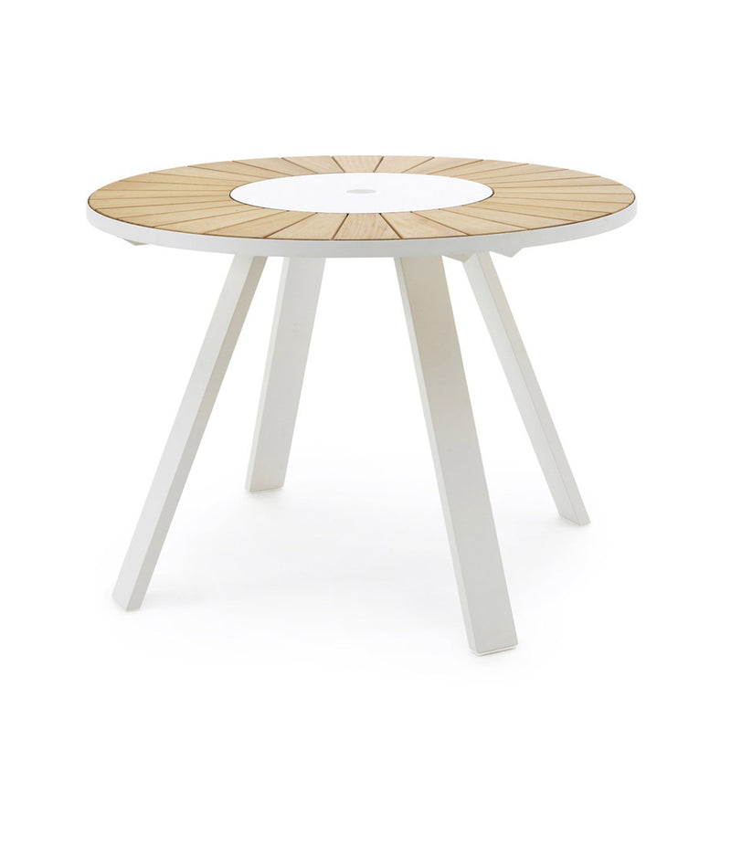 Extremis Pantagruel High Table. Round tabletop with outer ring in Iroko Hardwood slats, centre in solid white. Four independent legs make up the base.