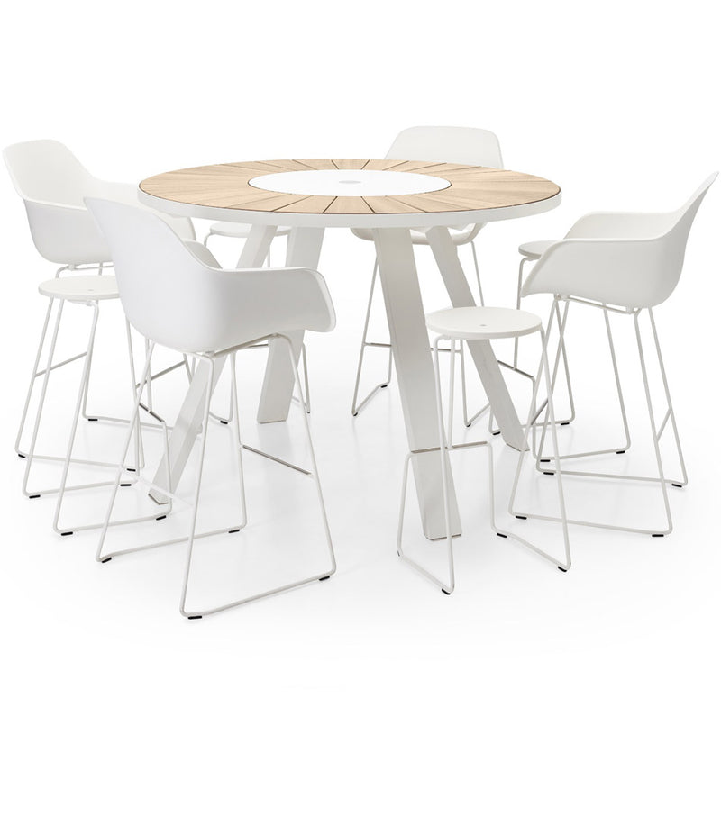 Extremis Pantagruel Iroko Hardwood high table surrounded by white high chairs and barstools.