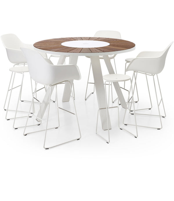 Extremis Pantagruel Hellwood high table surrounded by white high chairs and barstools. 