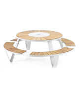 White Extremis Pantagruel picnic table, with light Iroko Hardwood slats on circular bench and circular tabletop. 