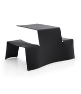 Extremis Picnik table in black finish. Tabletop is connected on one side to two bench seats.