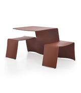 Extremis Picnik table in copper brown finish. Tabletop is connected on one side to two bench seats.