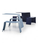Two Extremis Picnik tables, one in Sky Blue and the other in Cobalt blue finish, side by side. 