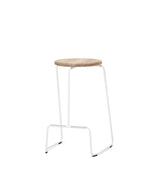 Extremis Tiki stackable counter stool, with oak circular seat atop white wire frame.