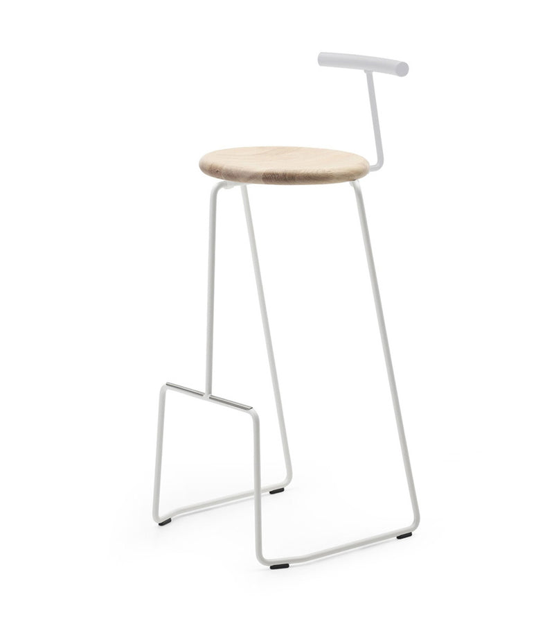 Extremis Tiki Bar Stool, with oak circular seat with wire backrest atop a white wire frame.
