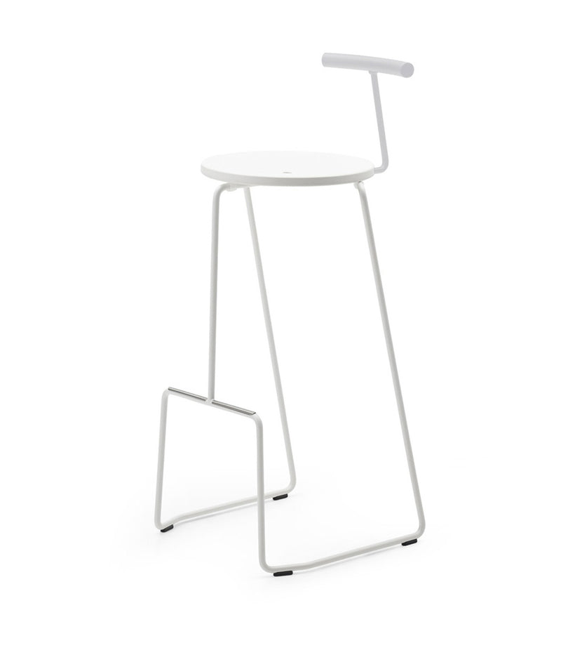 Extremis Tiki Bar Stool, with white circular seat with wire backrest atop a white wire frame.