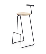 Extremis Tiki Bar Stool, with oak circular seat with wire backrest atop a black wire frame.
