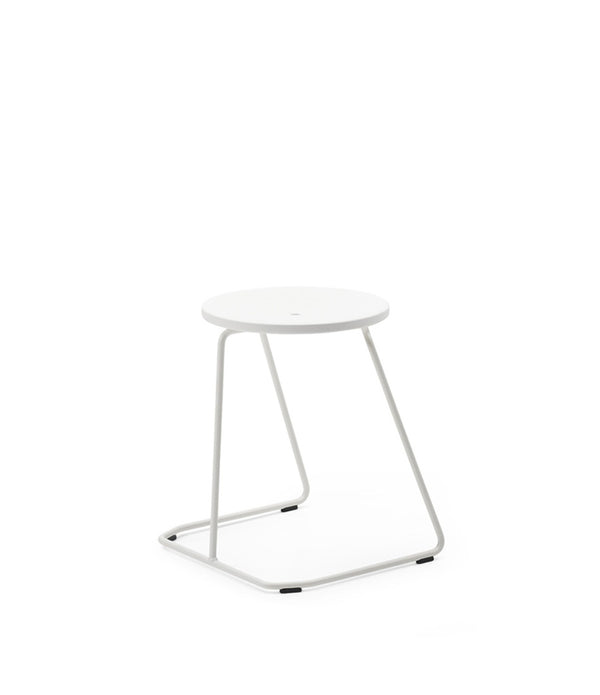 Extremis Tiki Stackable low stool, with white circular seat atop white wire frame.