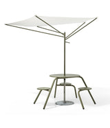 Reed Green Extremis Virus 3 seat table with umbrella mounted to the centre of the table.