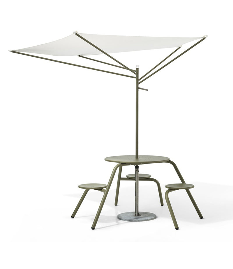Reed Green Extremis Virus 3 seat table with umbrella mounted to the centre of the table.