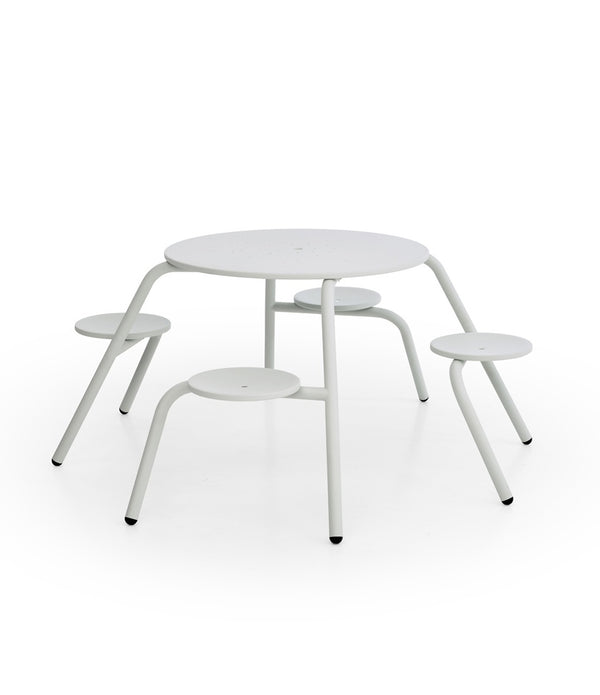 Extremis Virus Four Seat table in white finish, with 4 circular seats attached to each base leg.