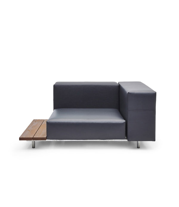 Extremis Walrus seat with armrest and side table, in dark grey and hellwood. 32" cushion.