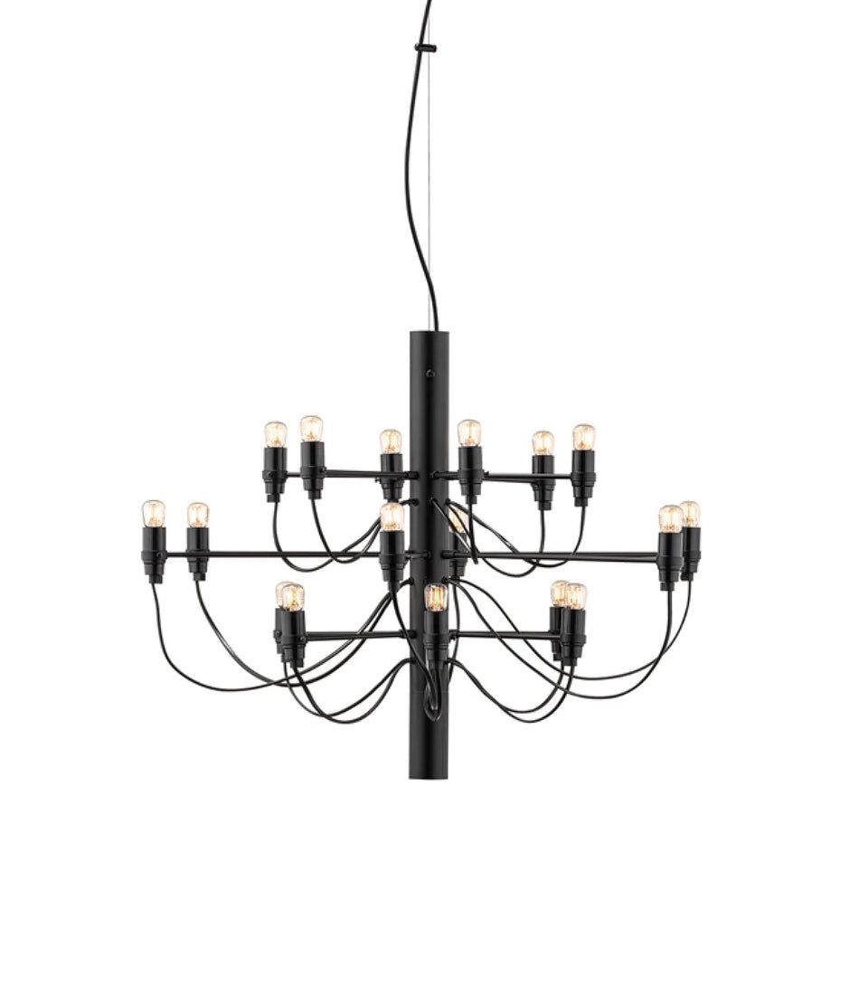 Flos 2097/18 suspension lamp, with black body and multiple arms containing 18 small naked halogen bulbs.