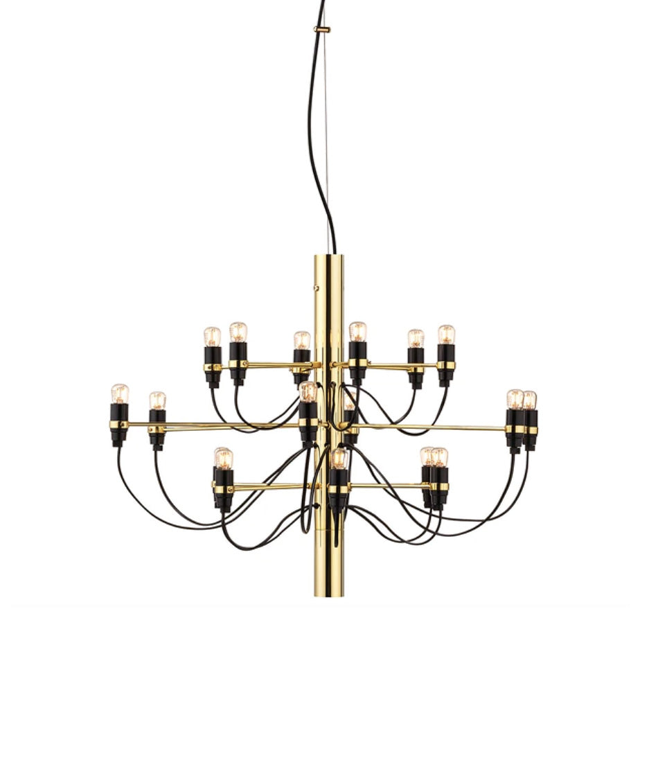 Flos 2097/18 suspension lamp, with brass body and multiple arms containing 18 small naked halogen bulbs.