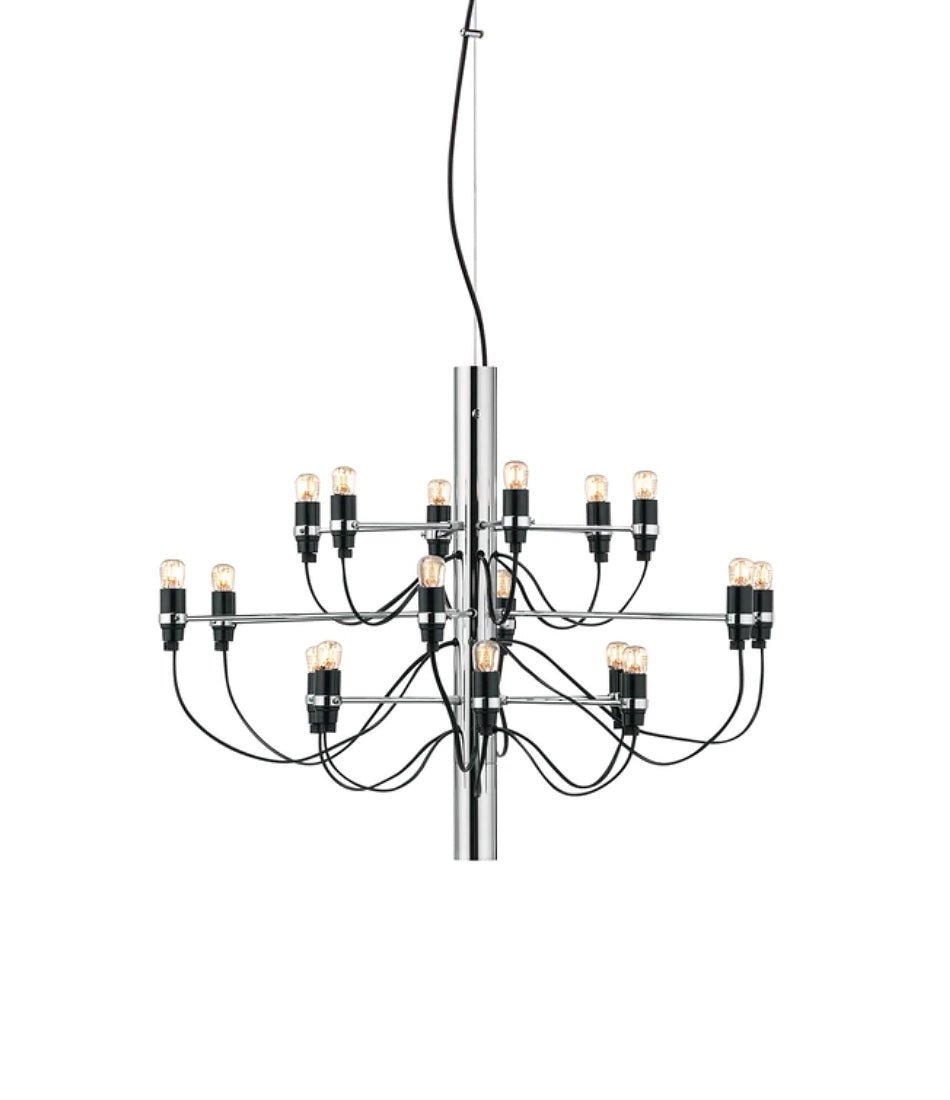 Flos 2097/18 suspension lamp, with chrome body and multiple arms containing 18 small naked halogen bulbs.