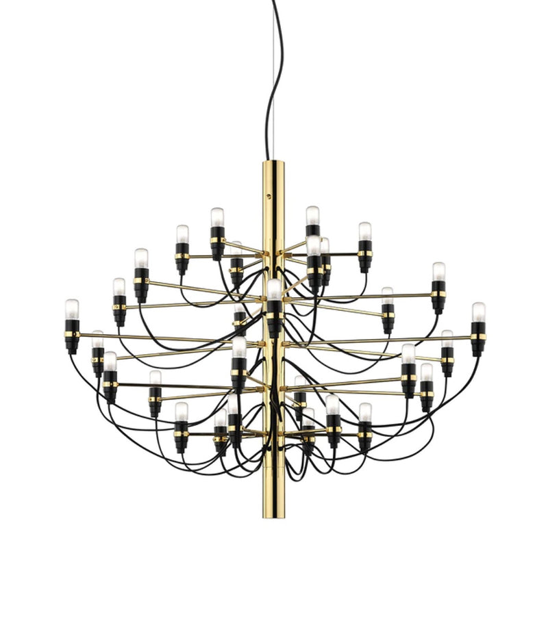 Flos 2097/30 suspension lamp, with brass body and multiple arms containing 30 small naked halogen bulbs.