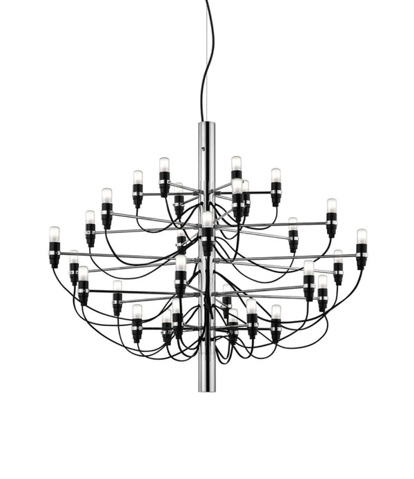 Flos 2097/30 suspension lamp, with chrome body and multiple arms containing 30 small naked halogen bulbs.