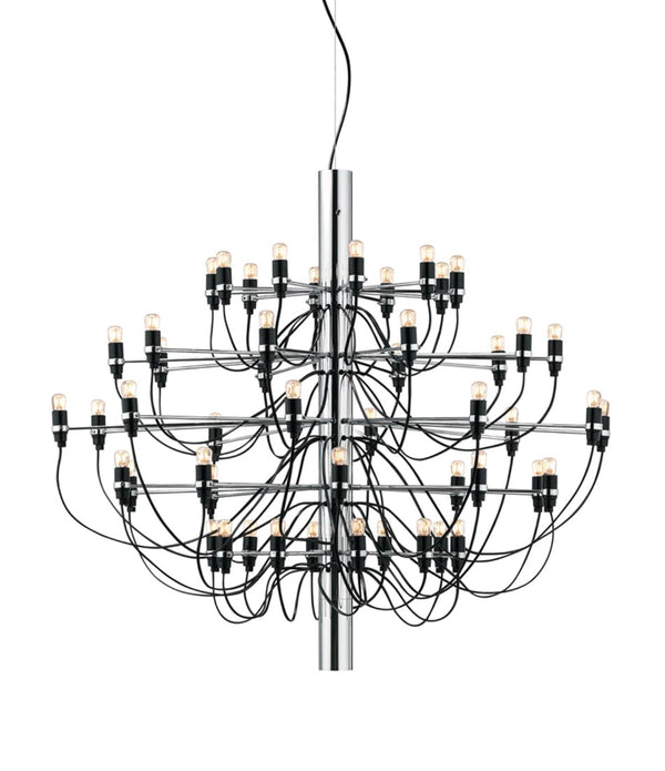 Flos 2097/50 suspension lamp, with chrome body and multiple arms containing 50 small naked halogen bulbs.