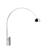 Flos Arco floor lamp. Chrome bowl-shaped diffuser on a broad arched stem, connected to marble block base.