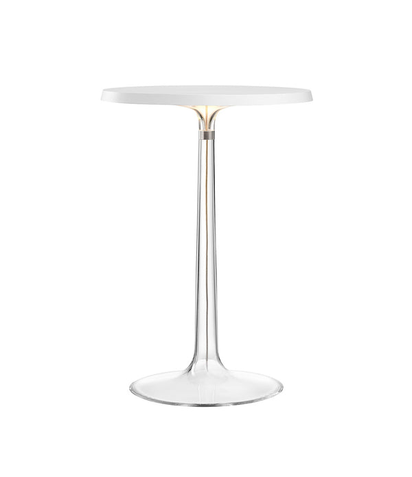 Flos Bon Jour table lamp, with transparent stem and flat disc light diffuser in matte white.
