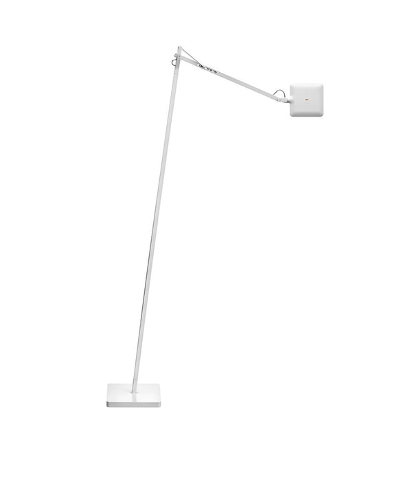 White Flos Kelvin Edge LED floor lamp, with elbowed stem and multi-directional head.