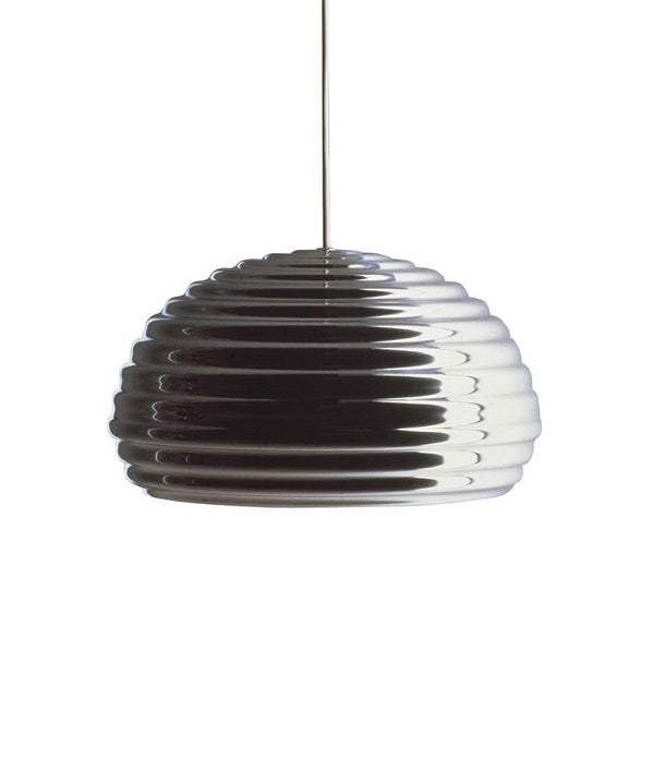 Flos Splugen Brau ceiling lamp. Silver bowl-shaped shade with ribbed texture.