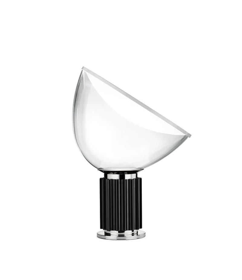 Flos Taccia table lamp. Glass bowl-shaped diffuser and black base.